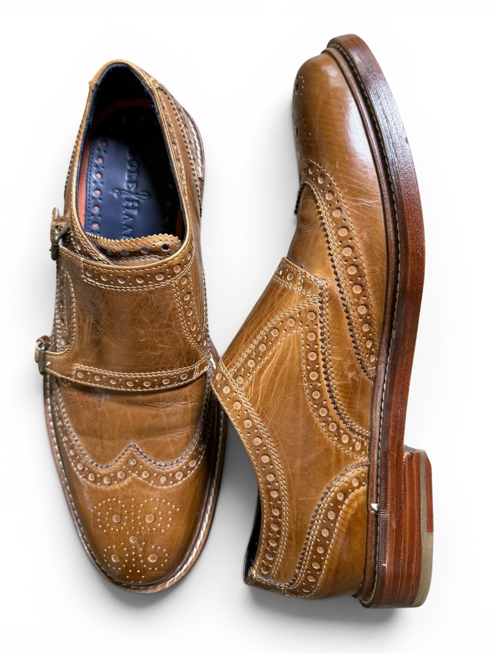 Cole Haan Tan Leather Wingtip Double Monk Strap Shoes 8.5 NWOB - Picture 2 of 9